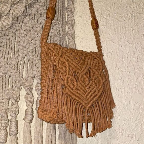Handmade Macrame Bag Tan Caramel Light Brown Wooden Beads 3 Pockets - Picture 1 of 10